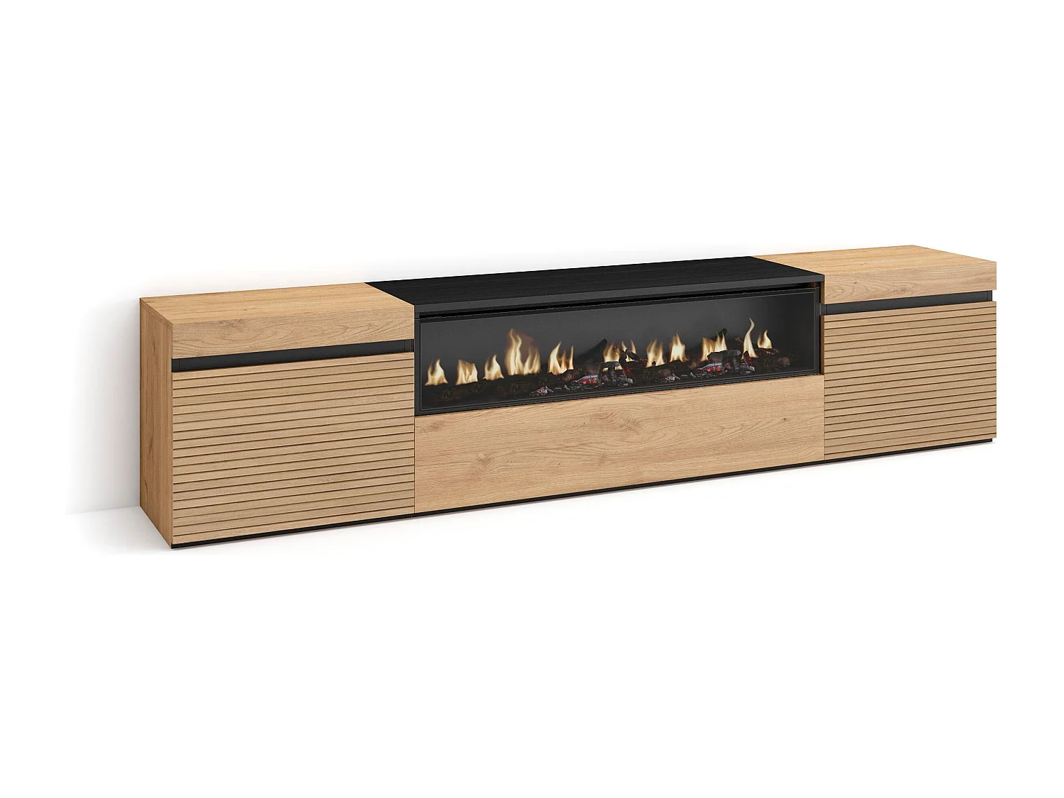 Mueble TV | Televisión, 200x35x45cm, Para TV hasta 80", Chimenea eléctrica, Roble