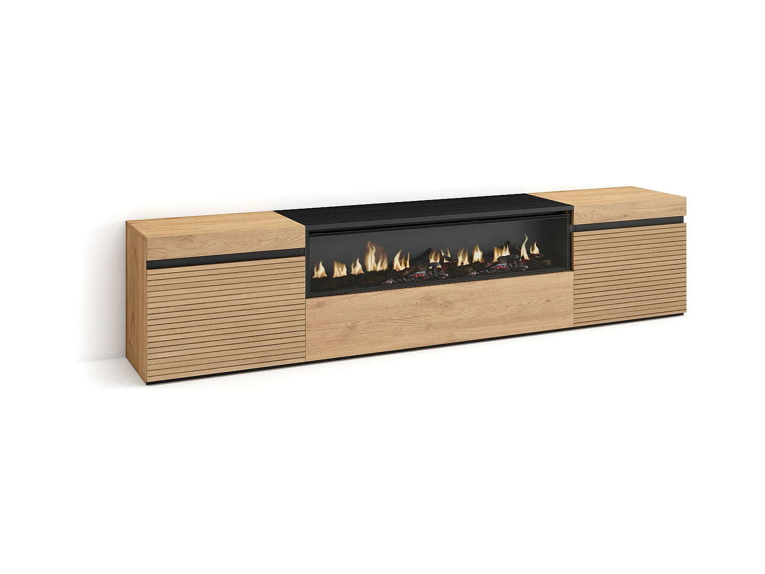 Meuble TV | Banc Télé, 200x35x45cm, Pour les TV jusqu'à 80", Cheminée électrique, Chêne