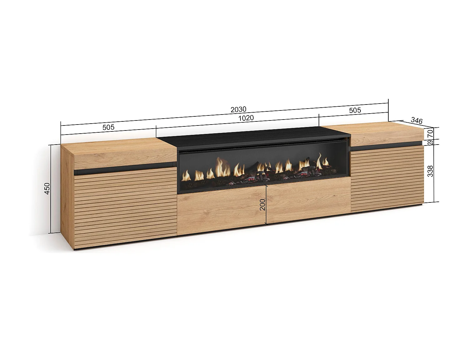 Meuble TV | Banc Télé, 200x35x45cm, Pour les TV jusqu'à 80", Cheminée électrique, Chêne