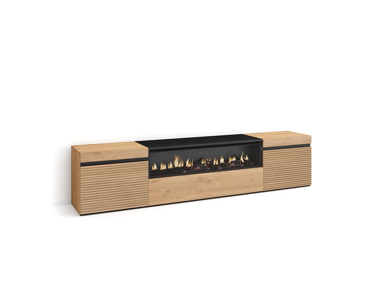 TV-Meubel, Lowboard, 200x35x45cm, Voor tv's tot 80", Elektrische haard, Eiken