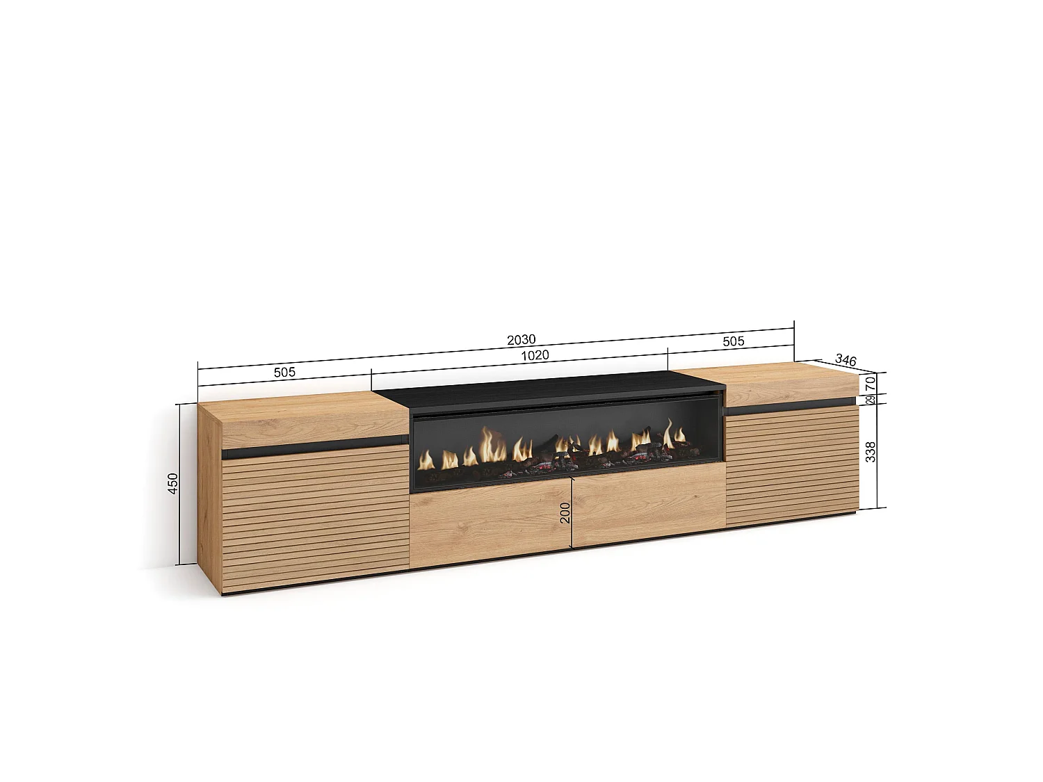 TV-Meubel, Lowboard, 200x35x45cm, Voor tv's tot 80", Elektrische haard, Eiken