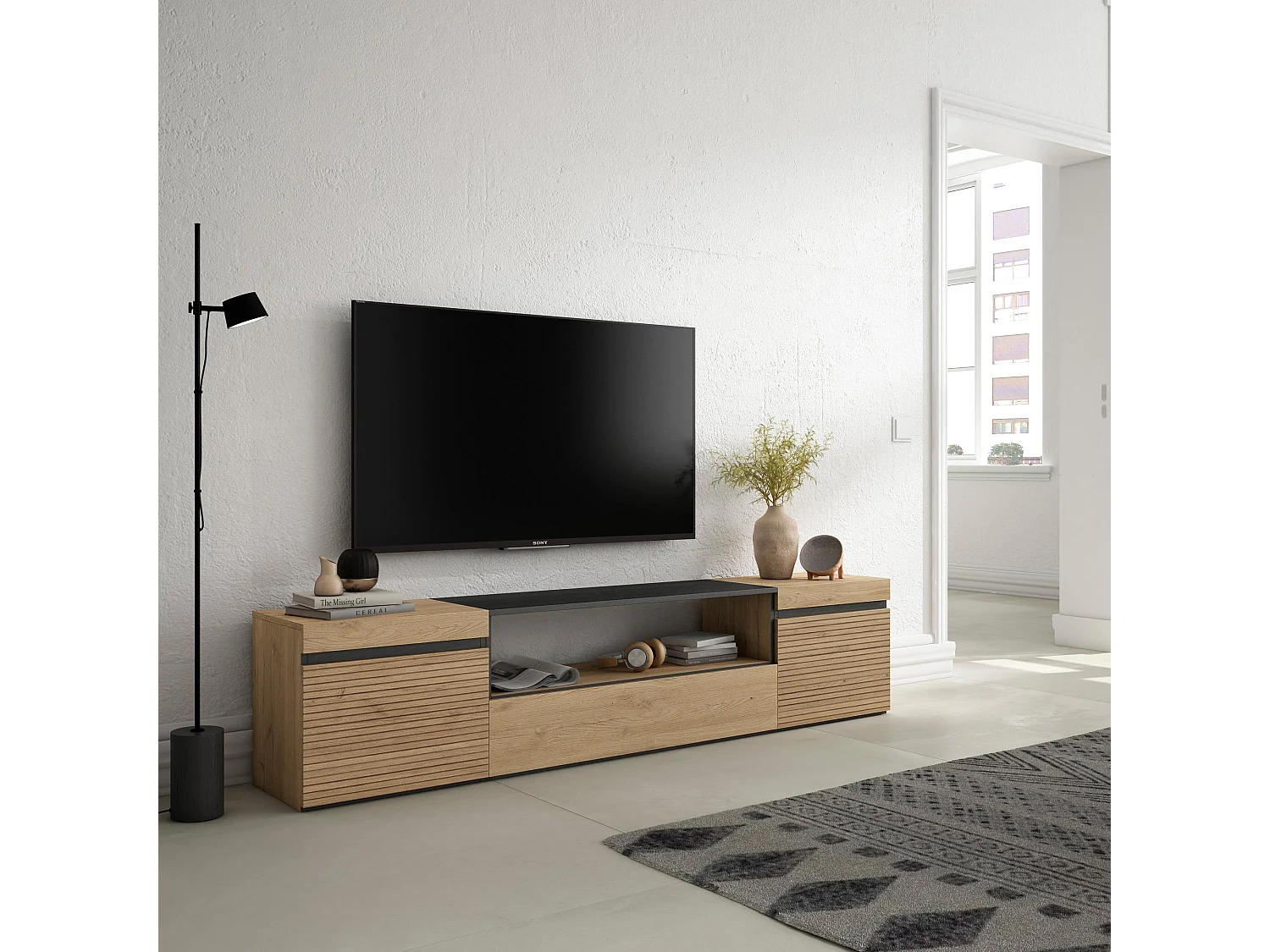 Mobile TV Soggiorno, 200x35x45cm, Per TV fino a 80", Mobile Soggiorno, Rovere