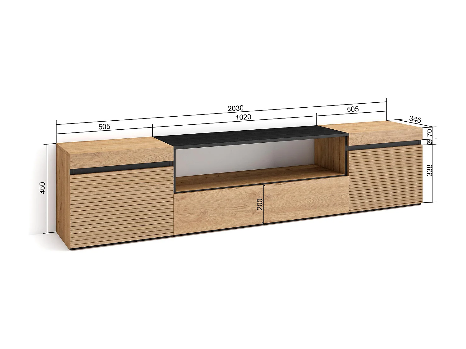 Meuble TV | Banc Télé, 200x35x45cm, Pour les TV jusqu'à 80", Meubles de salon, Chêne