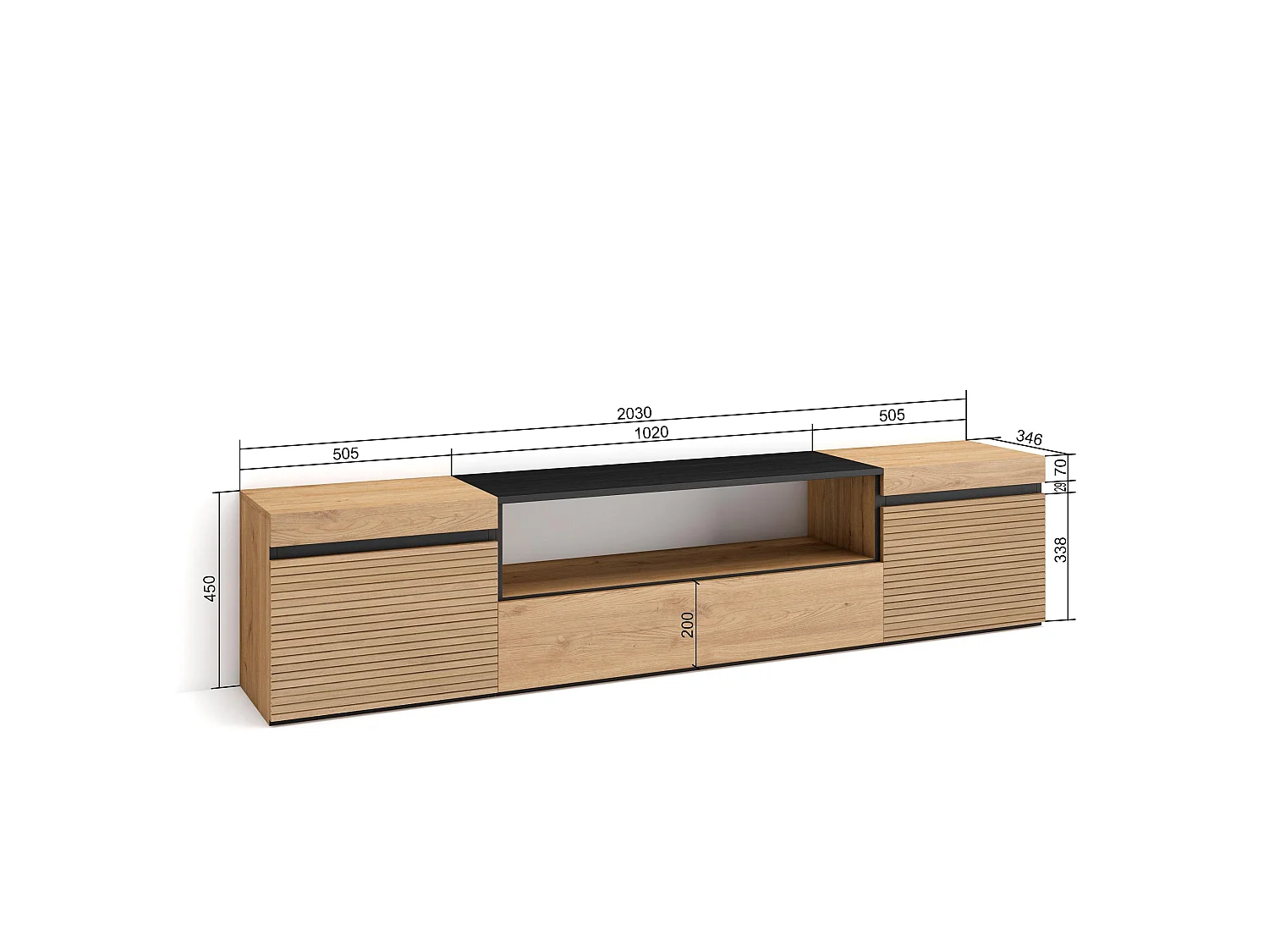 Meuble TV, Banc Télé, 200x35x45cm, Pour les TV jusqu'à 80", Meubles de salon, Chêne