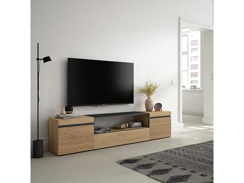 Meuble TV | Banc Télé, 200x35x45cm, Pour les TV jusqu'à 80", Meubles de salon, Chêne