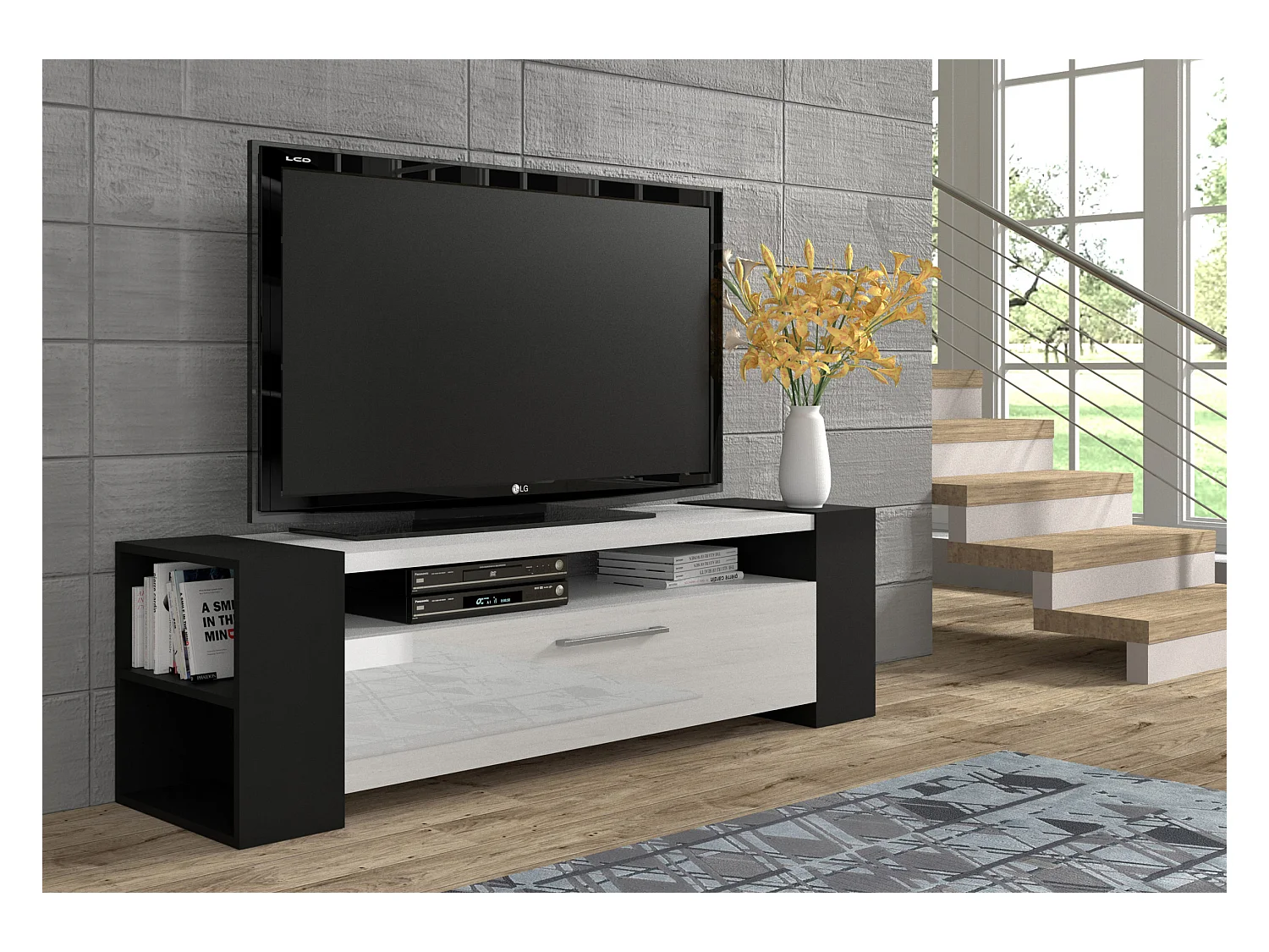 Meuble TV LIVIA 160 cm noir / blanc brillant