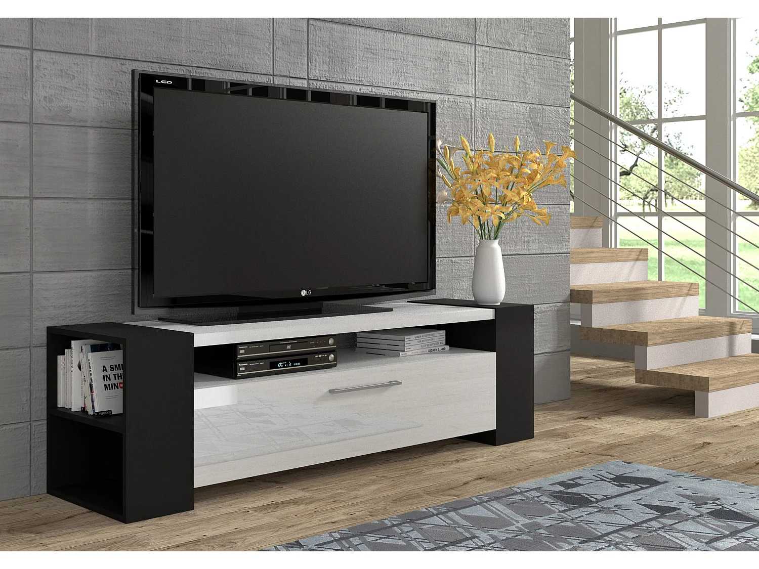 Meuble TV LIVIA 160 cm noir / blanc brillant