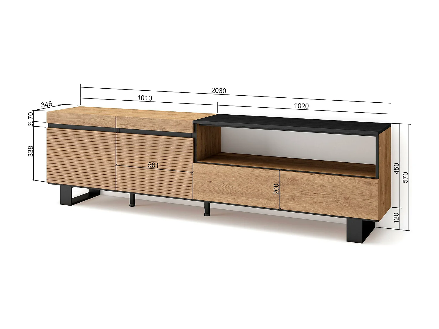 Meuble TV | Banc Télé, 200x57x35cm, Pour les TV jusqu'à 80", Design industriel, Chêne