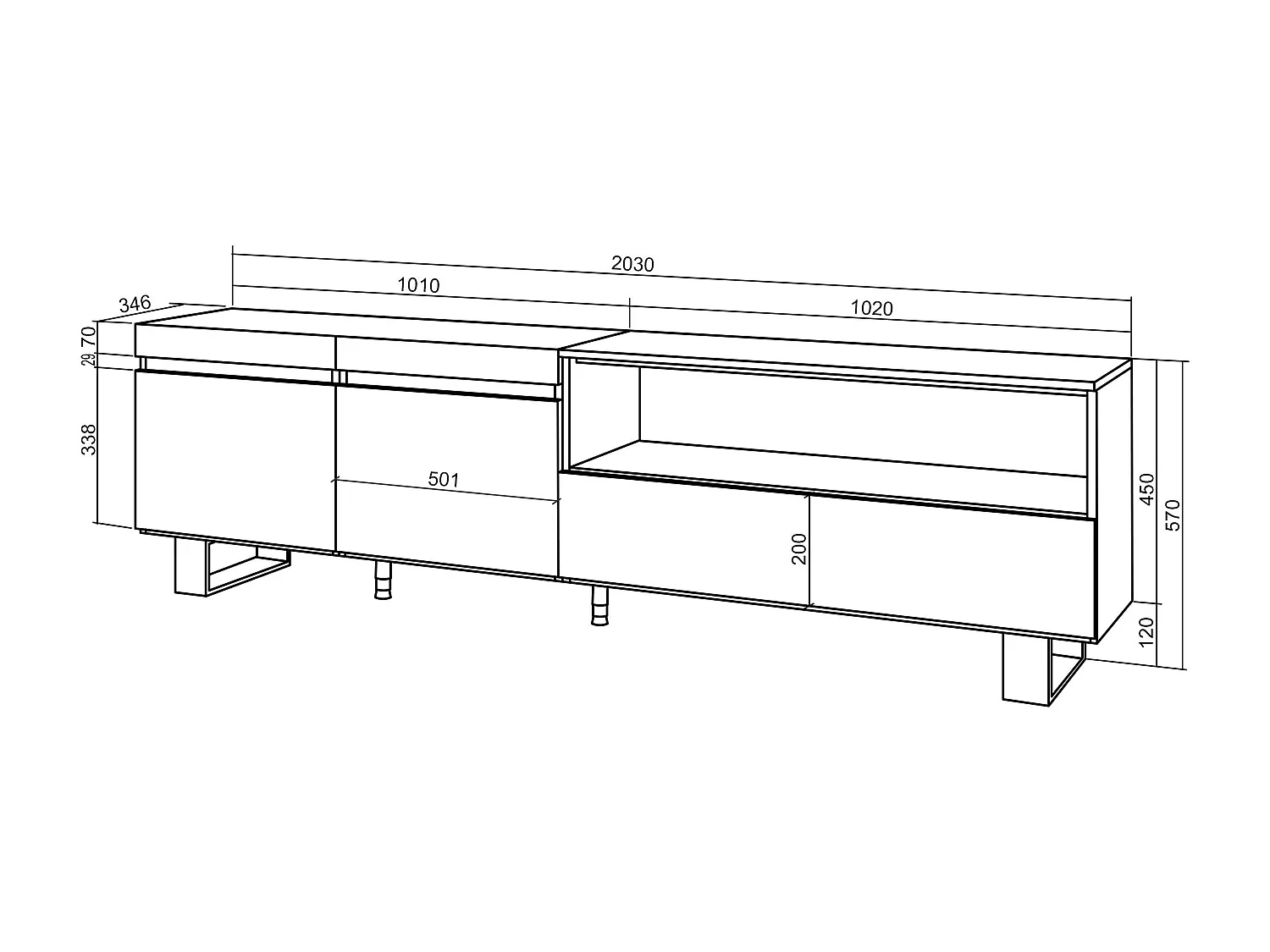 Meuble TV | Banc Télé, 200x57x35cm, Pour les TV jusqu'à 80", Design industriel, Chêne