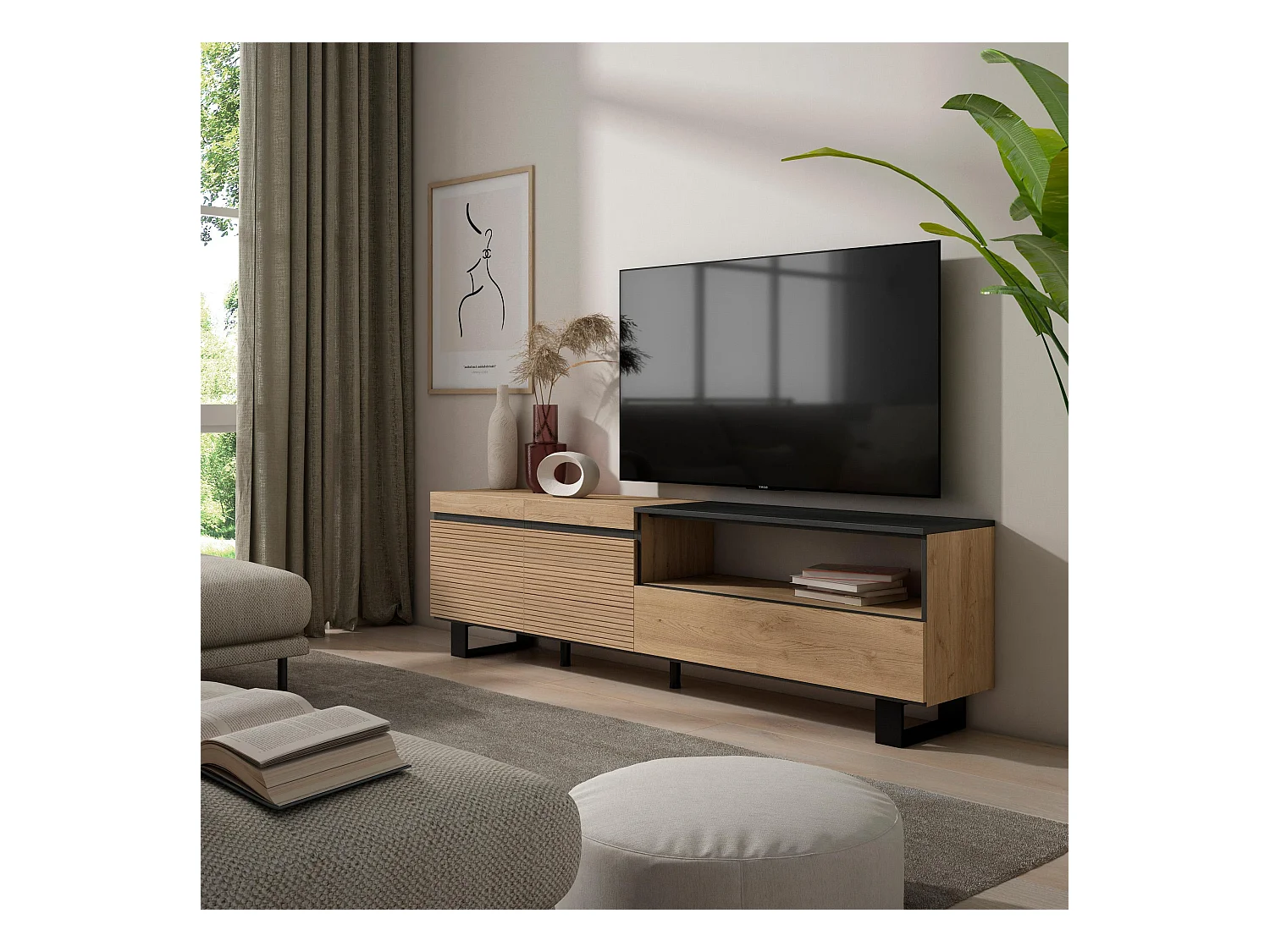 Meuble TV | Banc Télé, 200x57x35cm, Pour les TV jusqu'à 80", Design industriel, Chêne