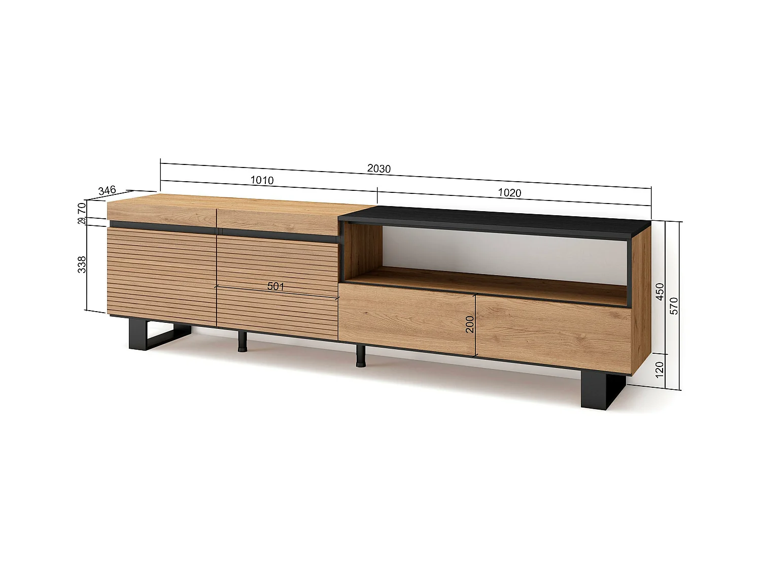 Meuble TV | Banc Télé, 200x57x35cm, Pour les TV jusqu'à 80", Design industriel, Chêne