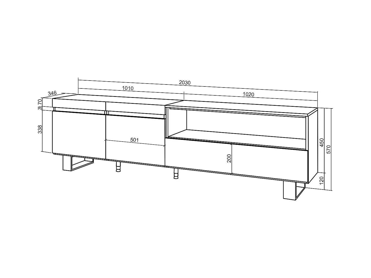 Meuble TV | Banc Télé, 200x57x35cm, Pour les TV jusqu'à 80", Design industriel, Chêne