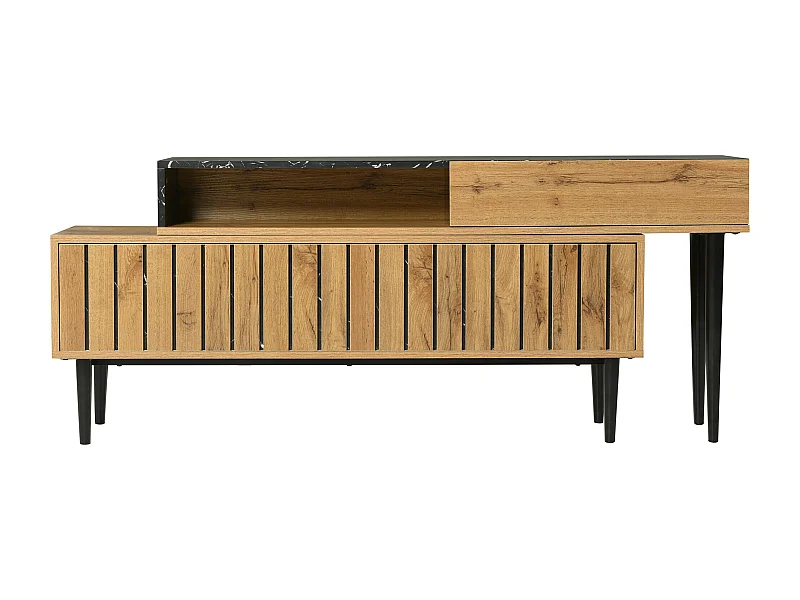 Meuble TV moderne extensible effet marbre noir et bois PVC pieds en acier noir PHOGNAIN