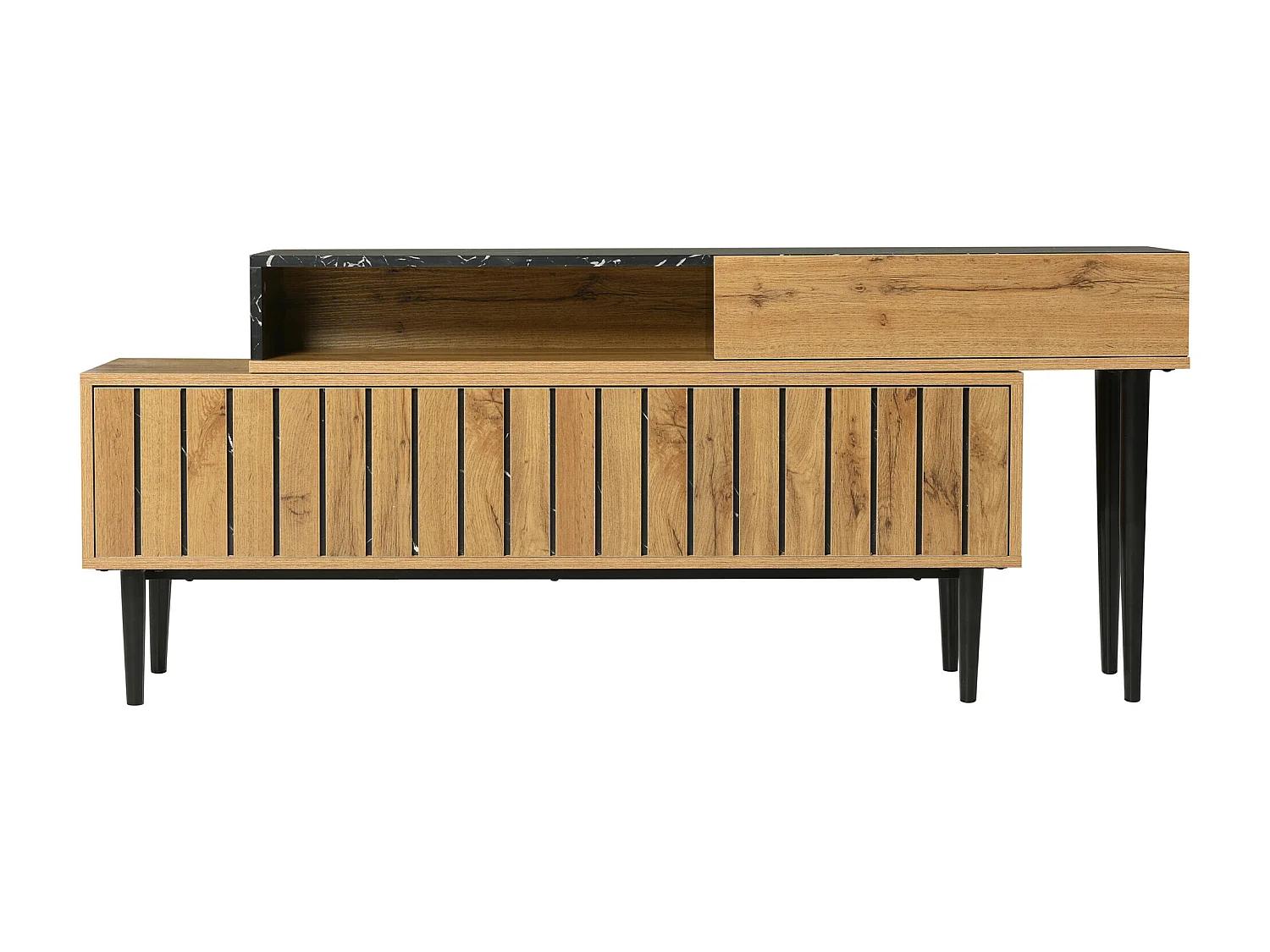 Meuble TV moderne extensible effet marbre noir et bois PVC pieds en acier noir PHOGNAIN