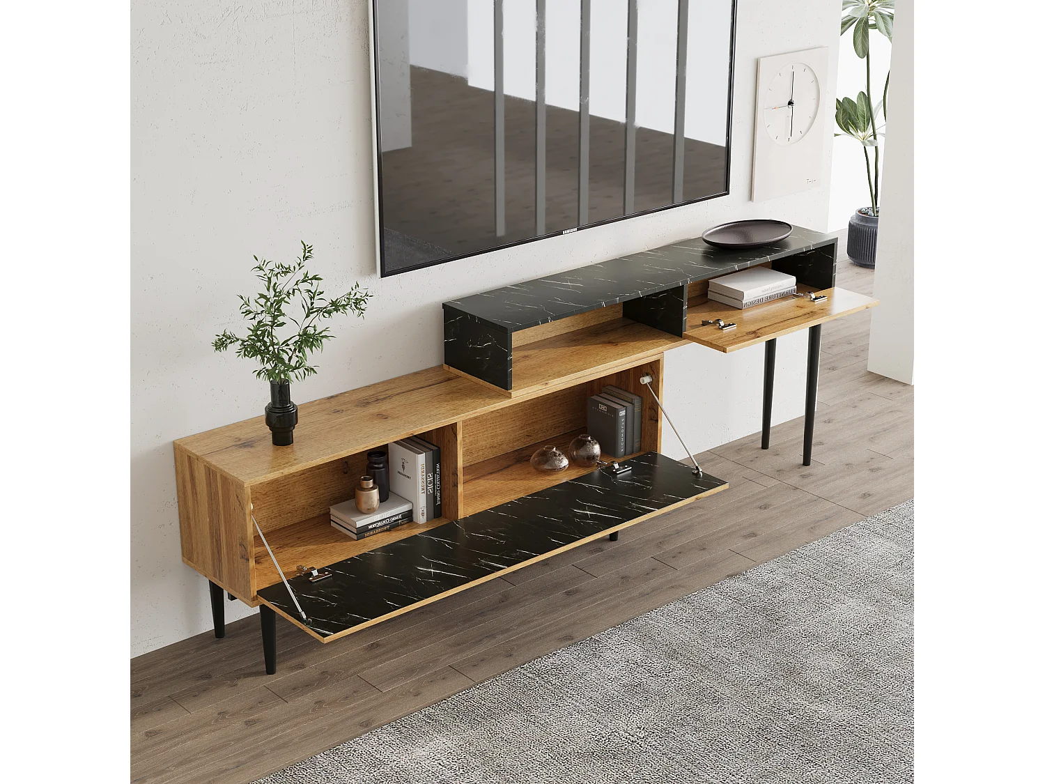 Meuble TV moderne extensible effet marbre noir et bois PVC pieds en acier noir PHOGNAIN