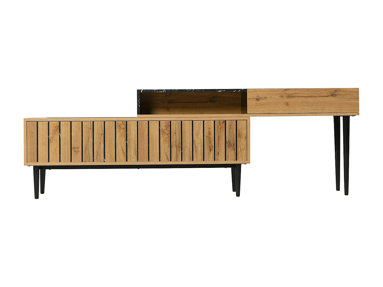 Meuble TV moderne extensible effet marbre noir et bois PVC pieds en acier noir PHOGNAIN