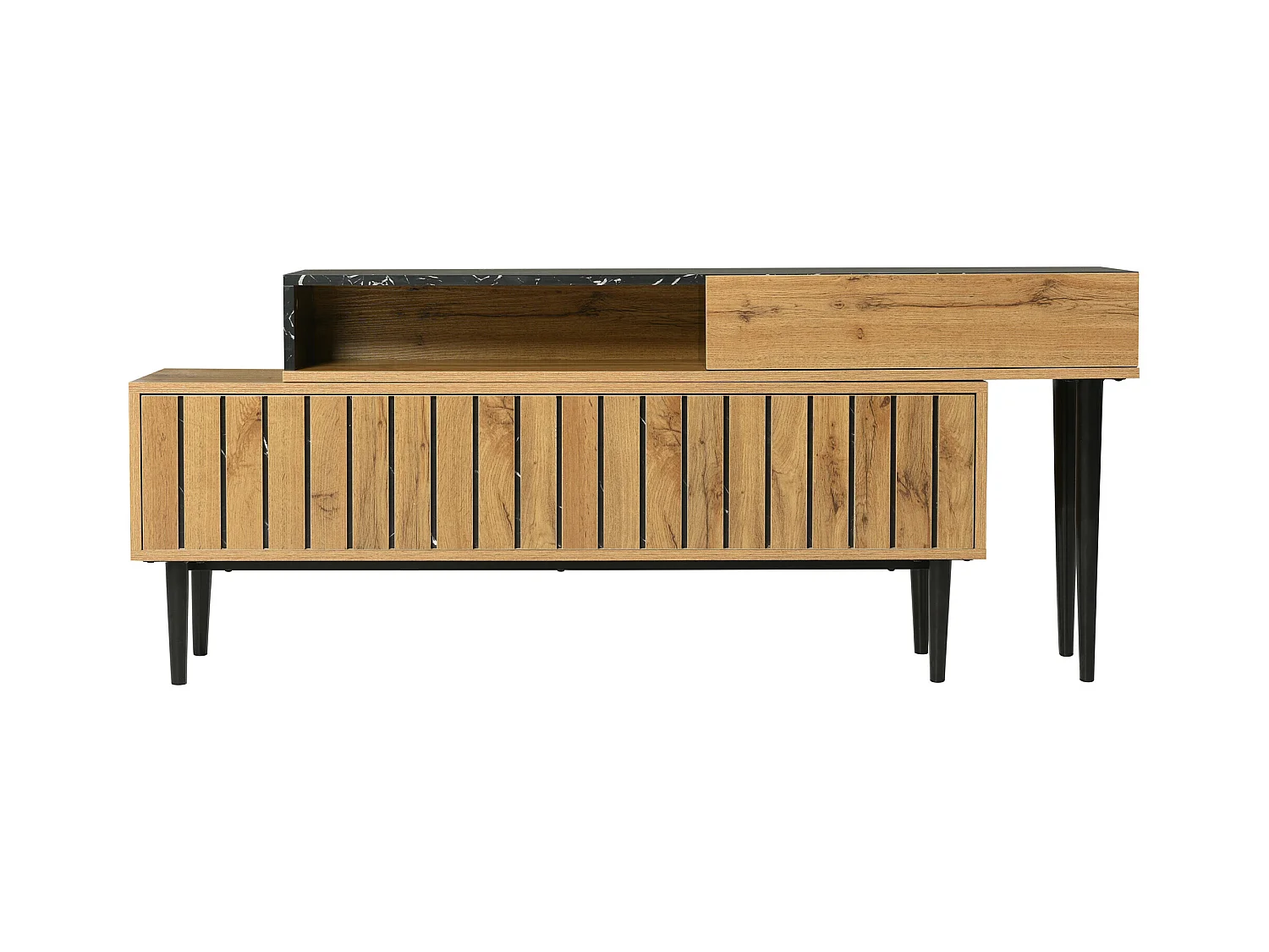Meuble TV moderne extensible effet marbre noir et bois PVC pieds en acier noir PHOGNAIN