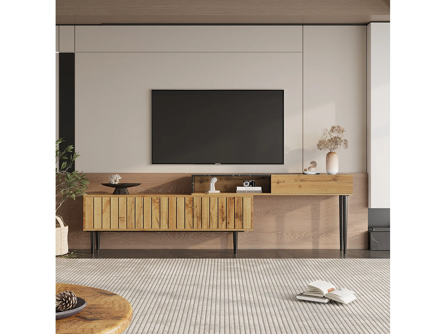 URBAN MEUBLE Meuble TV moderne extensible effet marbre noir et bois PVC pieds en acier noir