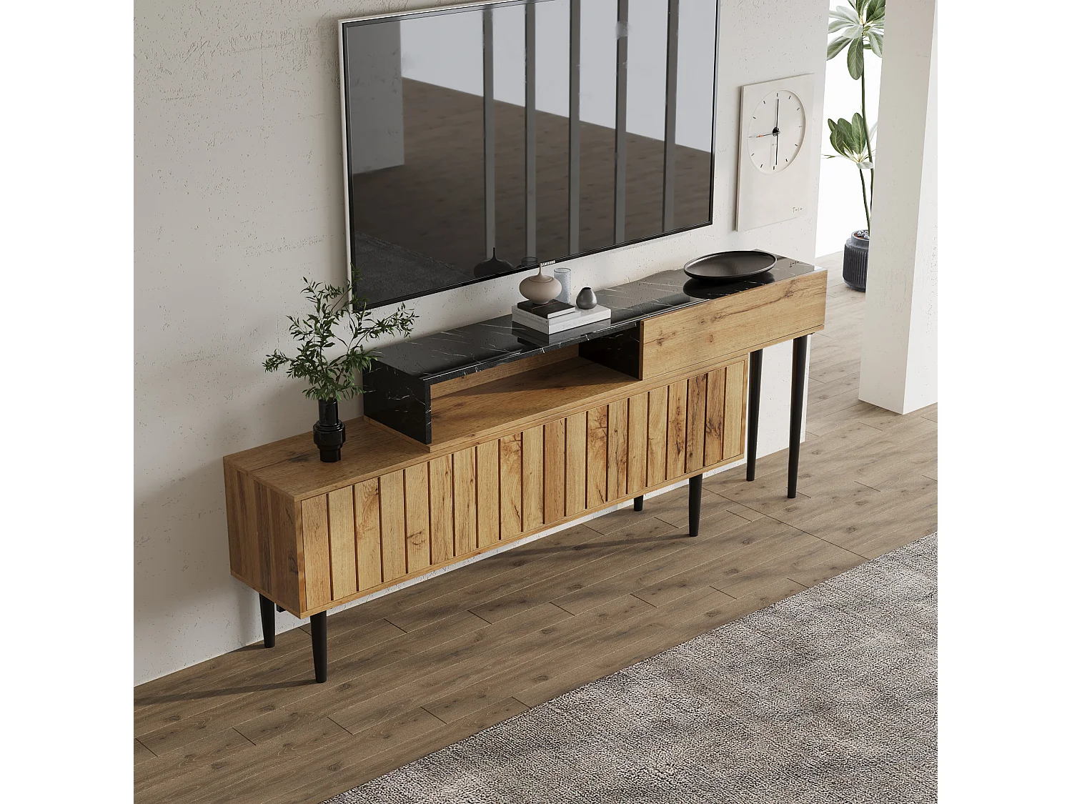 URBAN MEUBLE Meuble TV moderne extensible effet marbre noir et bois PVC pieds en acier noir