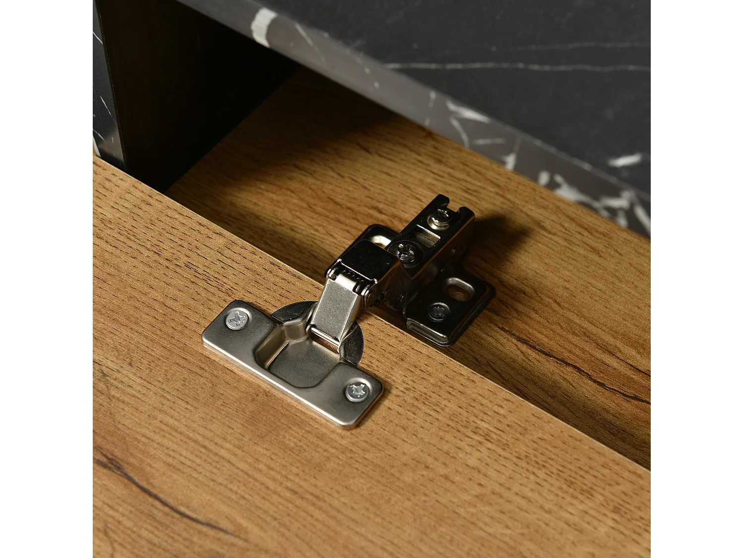 URBAN MEUBLE Meuble TV moderne extensible effet marbre noir et bois PVC pieds en acier noir