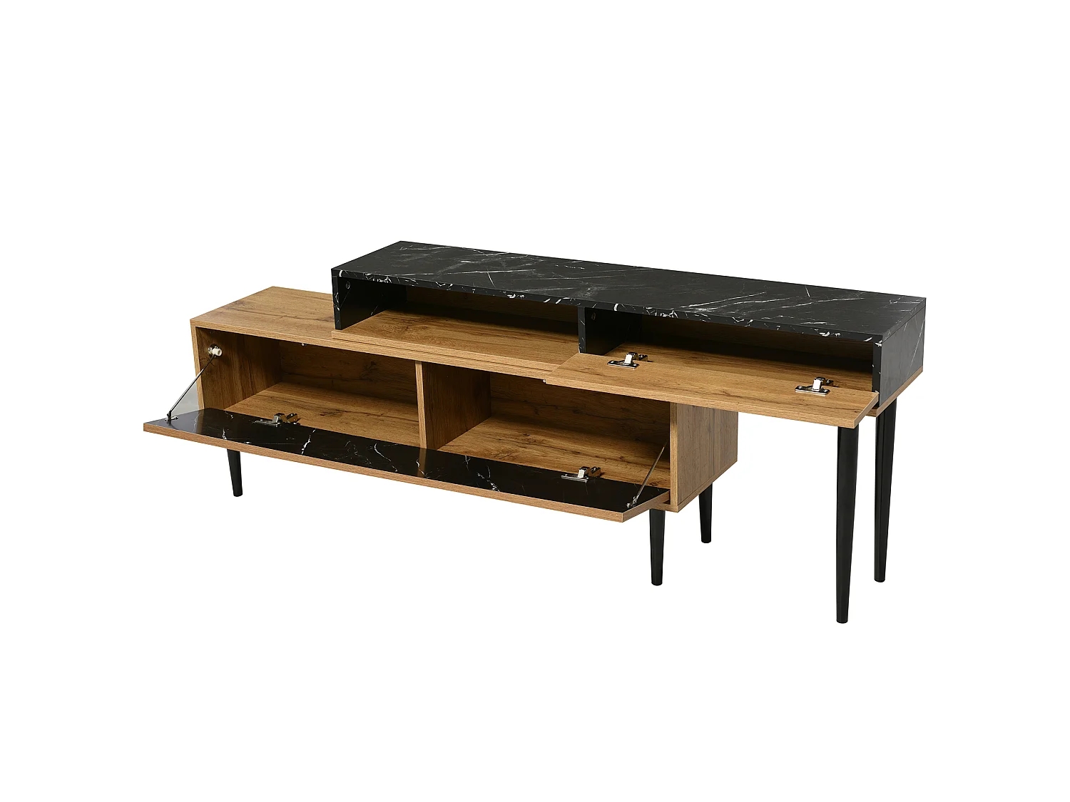 URBAN MEUBLE Meuble TV moderne extensible effet marbre noir et bois PVC pieds en acier noir