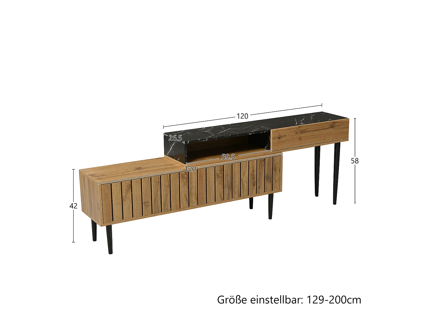 URBAN MEUBLE Meuble TV moderne extensible effet marbre noir et bois PVC pieds en acier noir