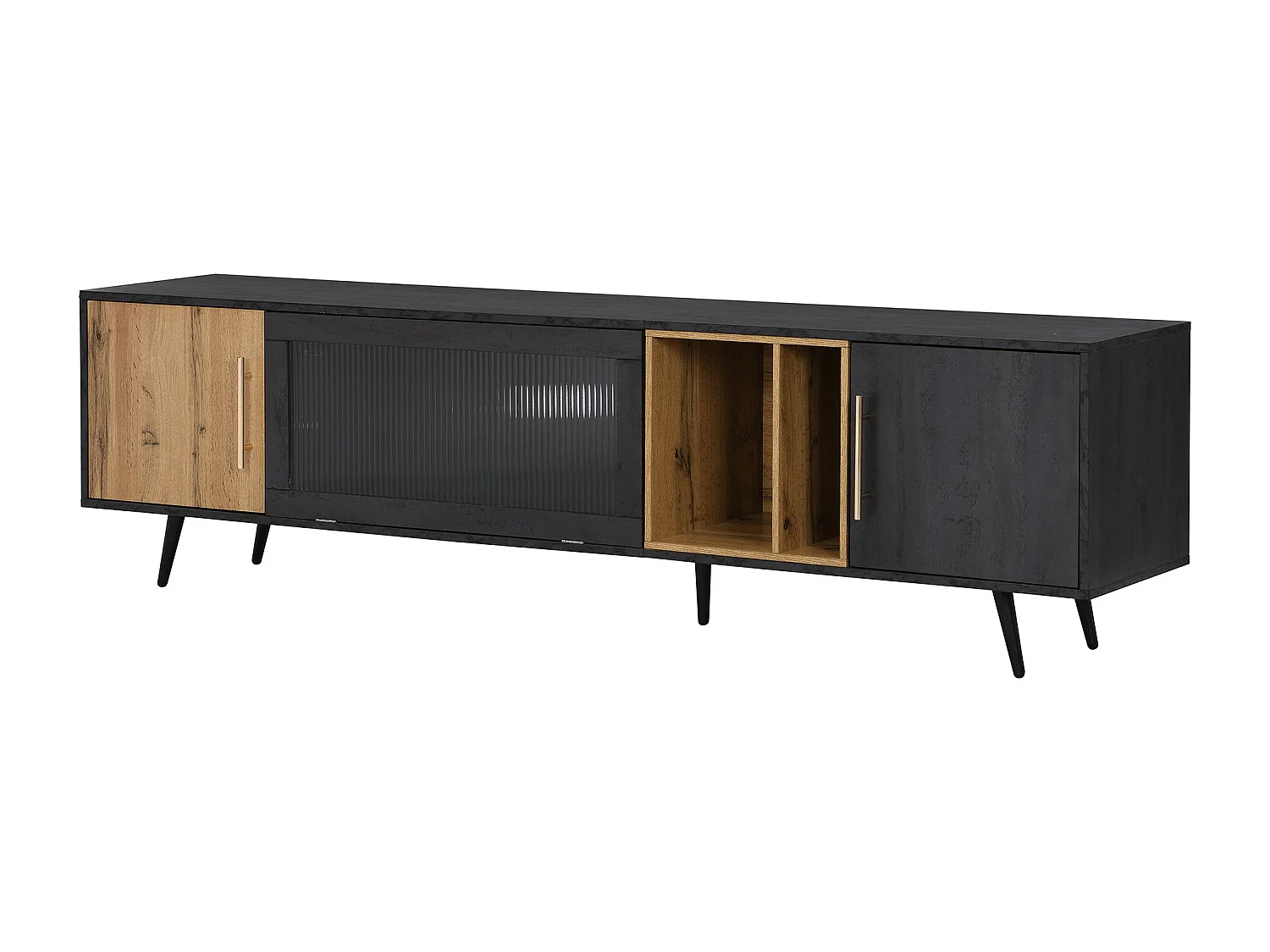 Meuble TV gris et verre ondulé avec 3 portes battants niche ouvert rangement 200 x 40 COVUNS