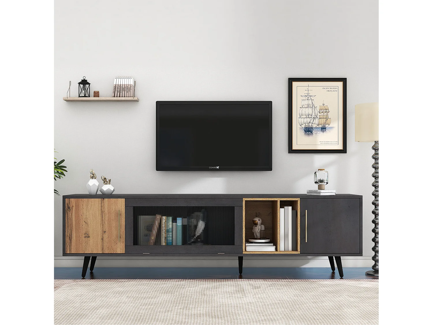 Meuble TV gris et verre ondulé avec 3 portes battants niche ouvert rangement 200 x 40 COVUNS