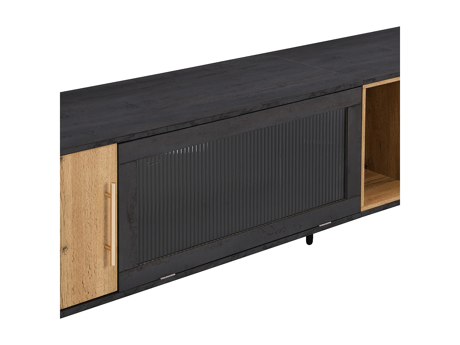 Meuble TV gris et verre ondulé avec 3 portes battants niche ouvert rangement 200 x 40 COVUNS