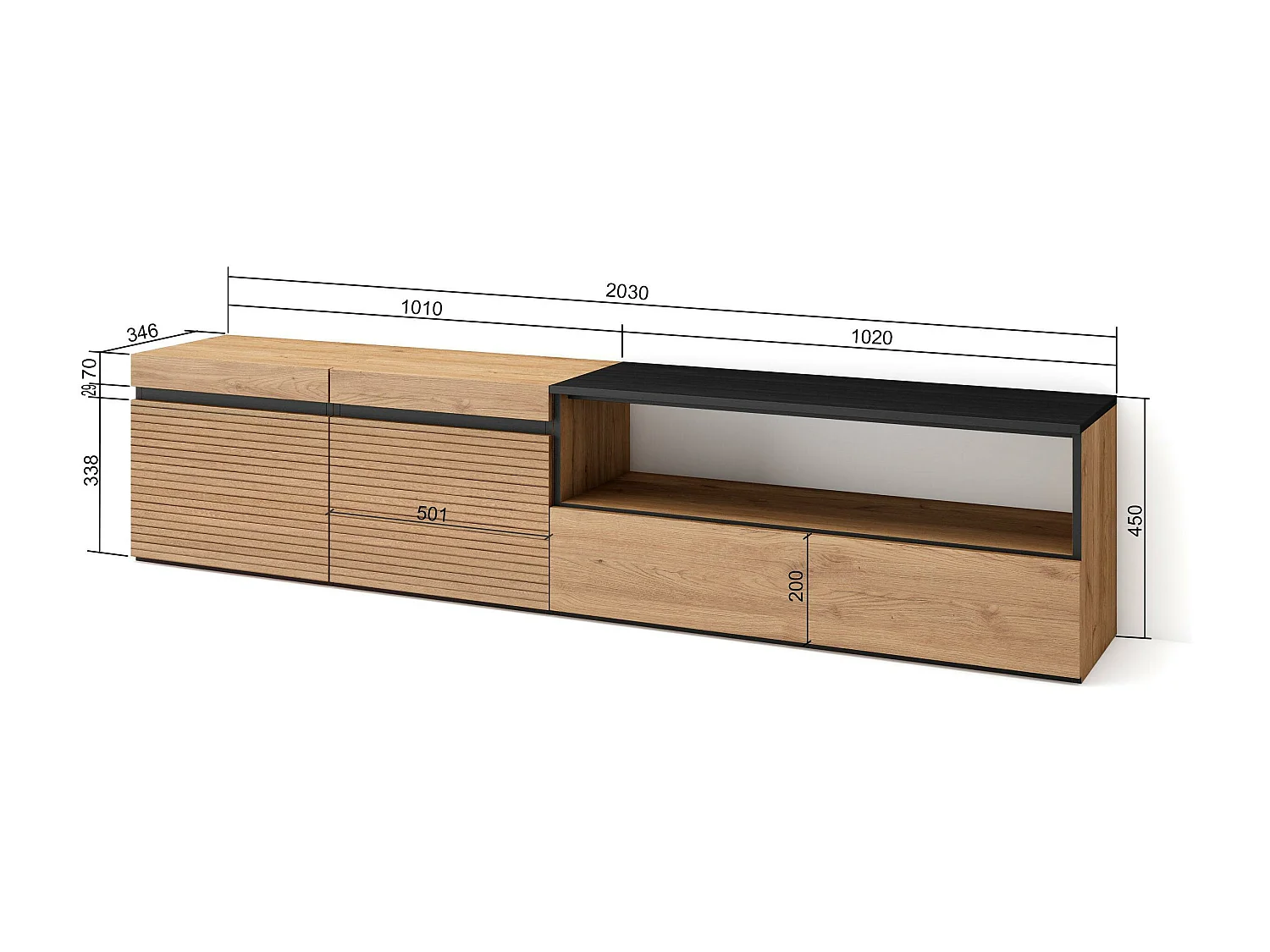TV-Meubel, Lowboard, 200x45x35cm, Voor tv's tot 80", TV-Tafel, Eiken