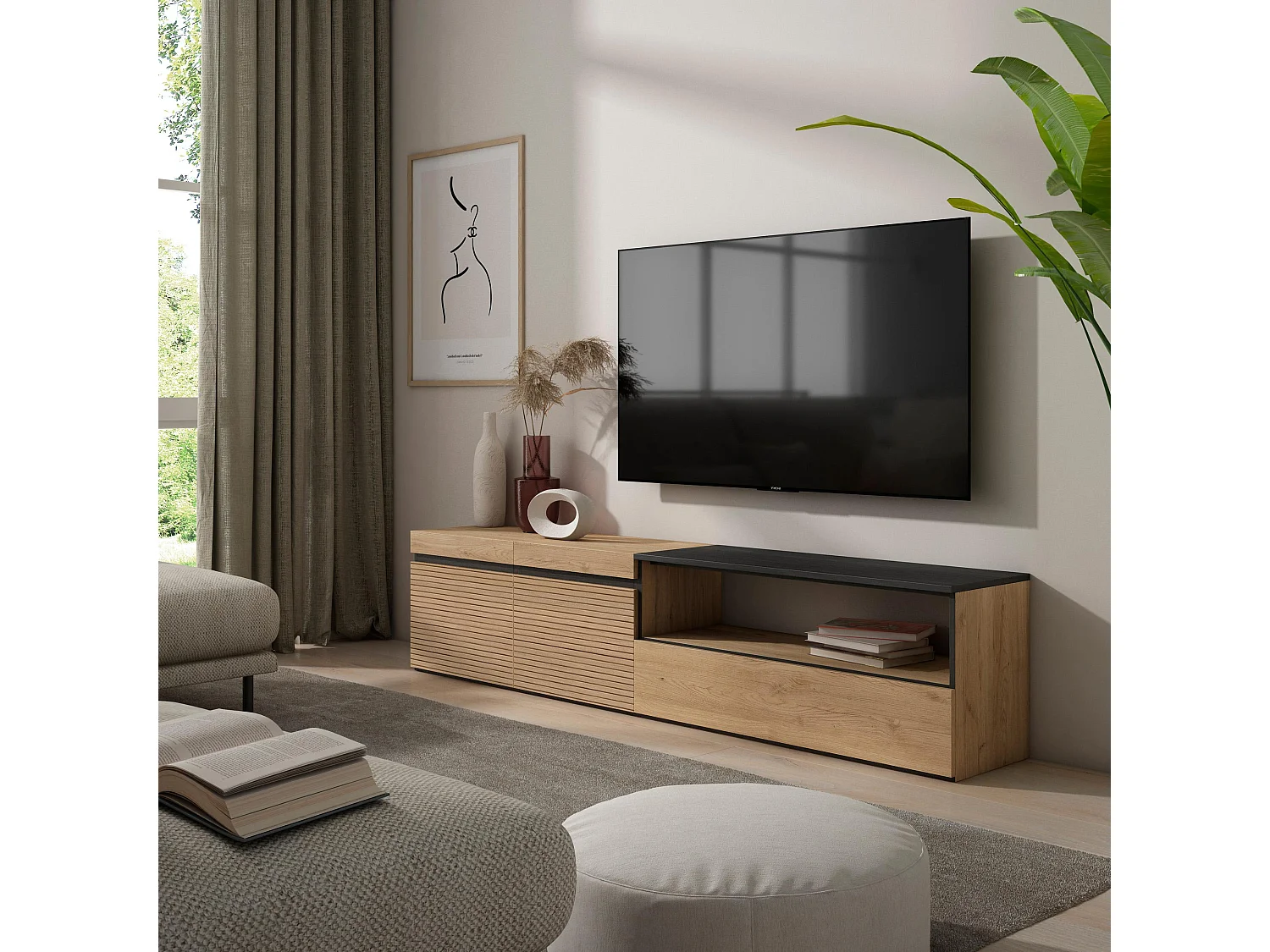 Meuble TV | Banc Télé, 200x45x35cm, Pour les TV jusqu'à 80", Meubles de salon, Chêne