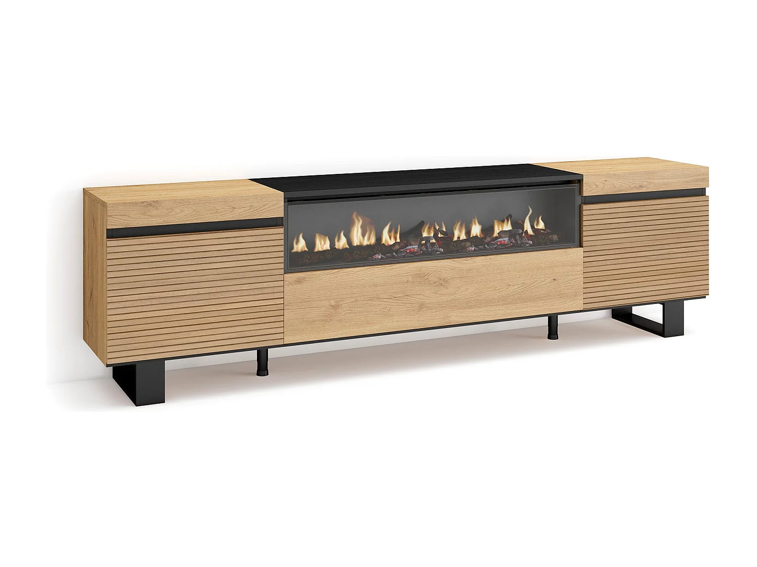 Móvel de TV, 200x35x57cm, Para televisores até 80", Lareira eléctrica, Design industrial, Carvahlo
