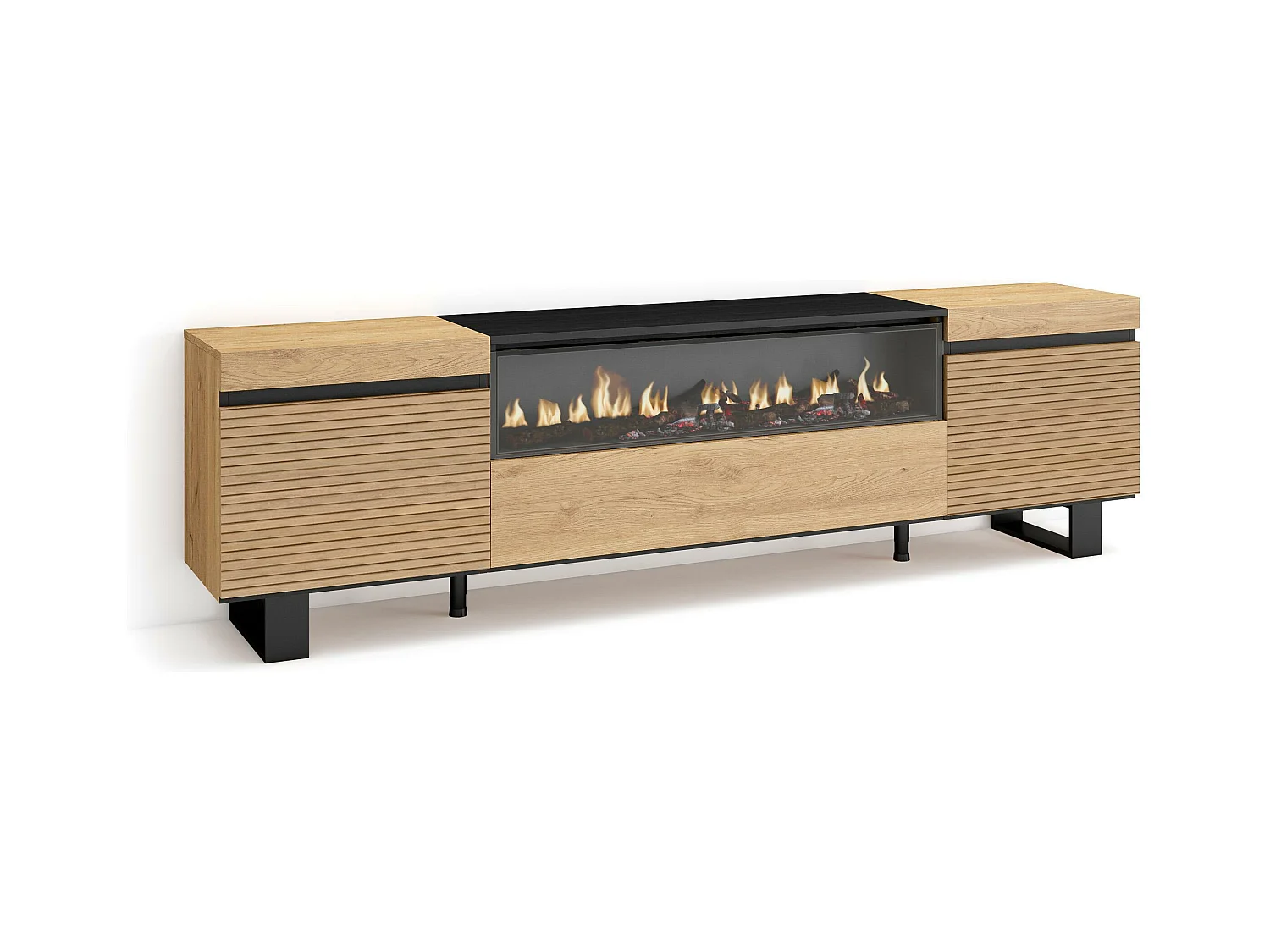 Meuble TV | Banc Télé, 200x35x57cm, Pour les TV jusqu'à 80", Cheminée électrique, Design industriel, Chêne