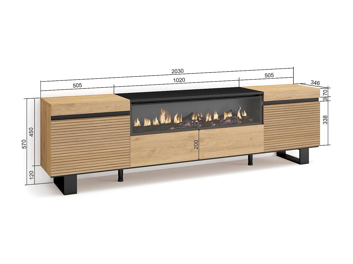 Meuble TV | Banc Télé, 200x35x57cm, Pour les TV jusqu'à 80", Cheminée électrique, Design industriel, Chêne