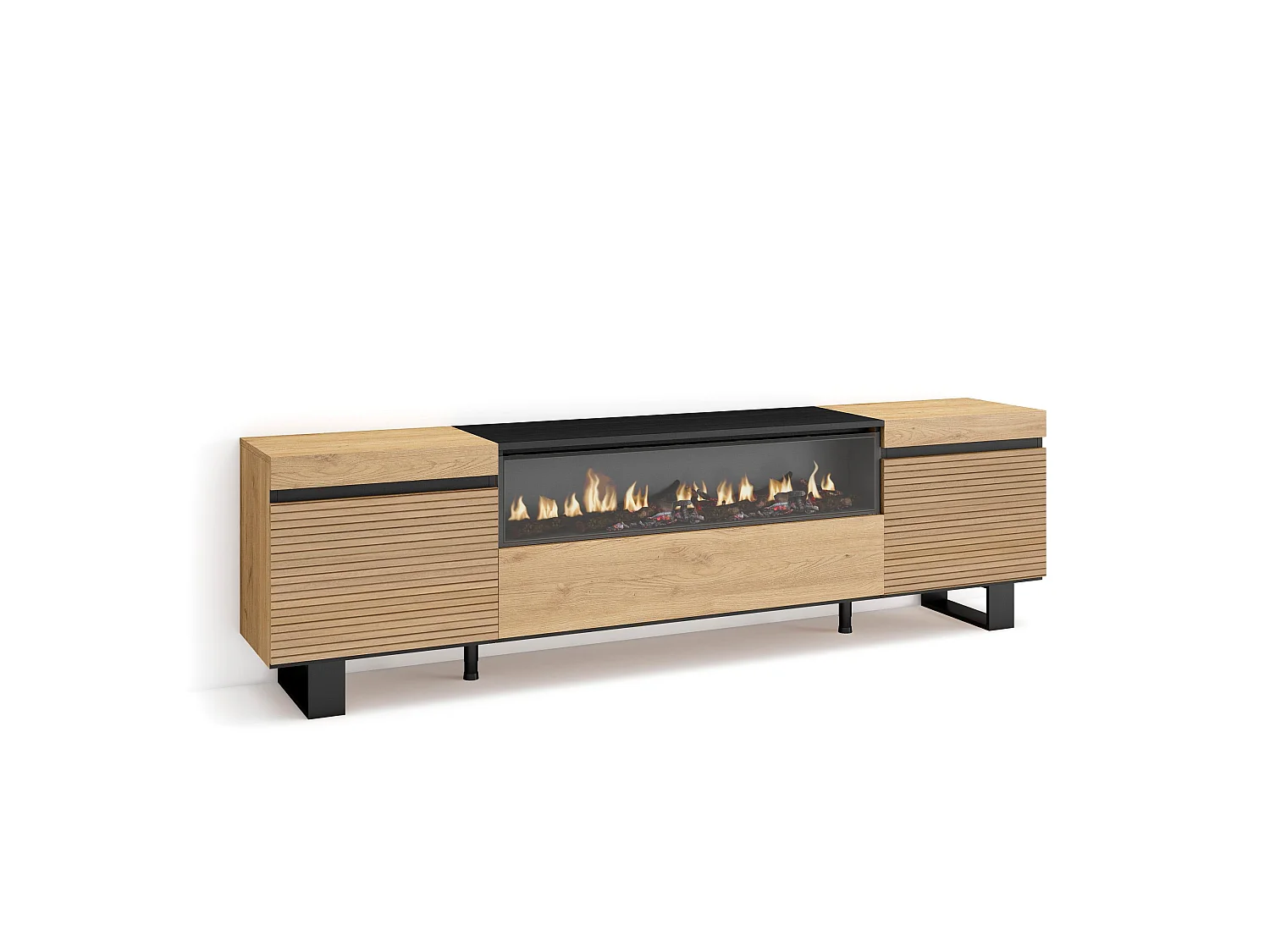 Mueble TV | Televisión, 200x35x57cm, Para TV hasta 80", Chimenea eléctrica, Diseño industrial, Roble