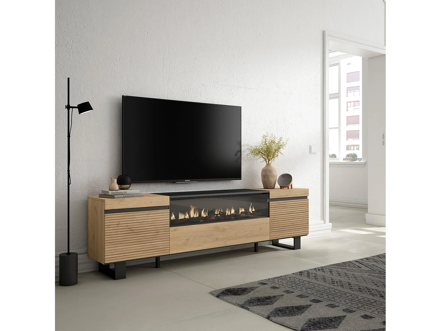Mueble TV | Televisión, 200x35x57cm, Para TV hasta 80", Chimenea eléctrica, Diseño industrial, Roble