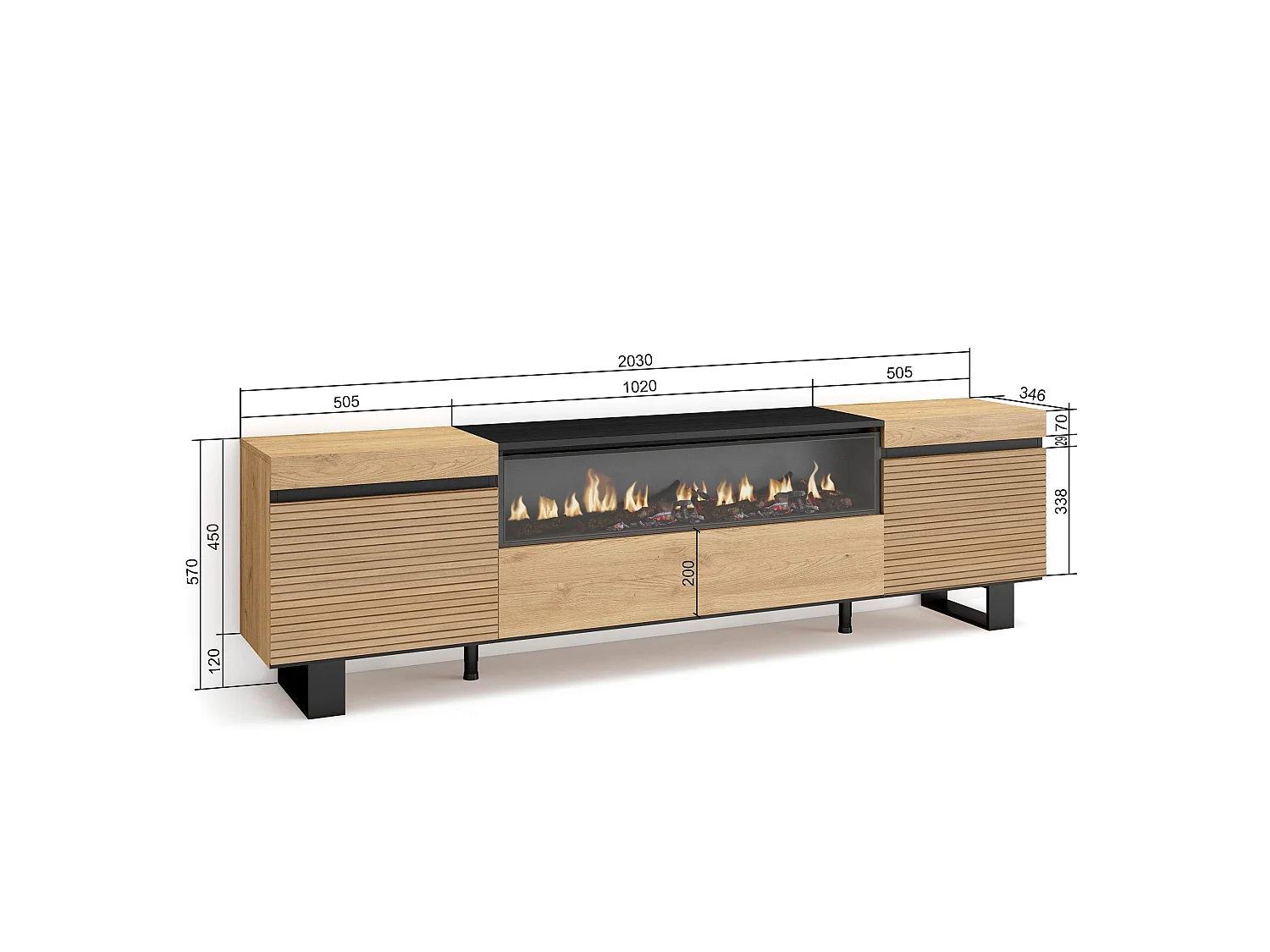 Mueble TV | Televisión, 200x35x57cm, Para TV hasta 80", Chimenea eléctrica, Diseño industrial, Roble