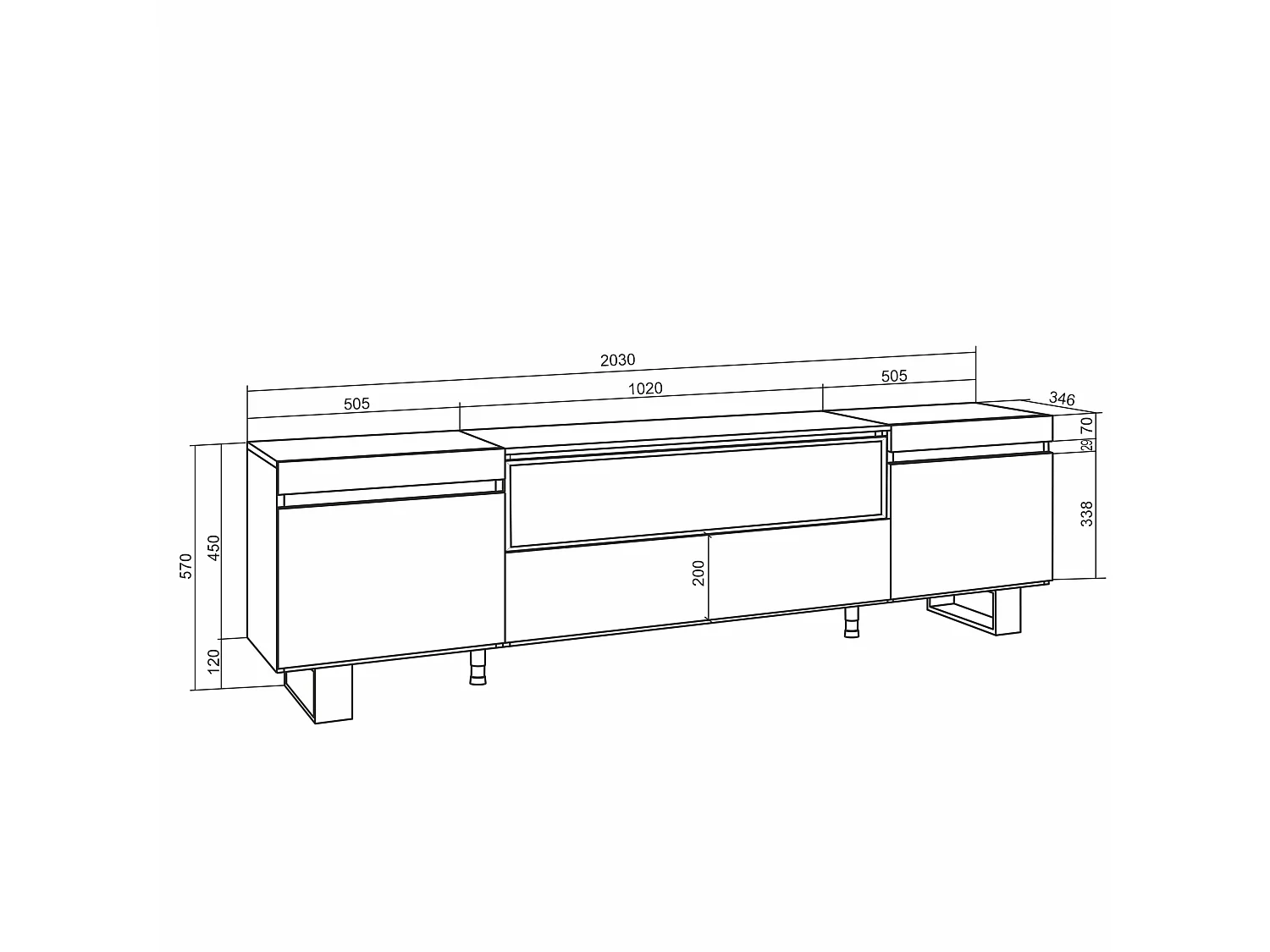 Mueble TV | Televisión, 200x35x57cm, Para TV hasta 80", Chimenea eléctrica, Diseño industrial, Roble