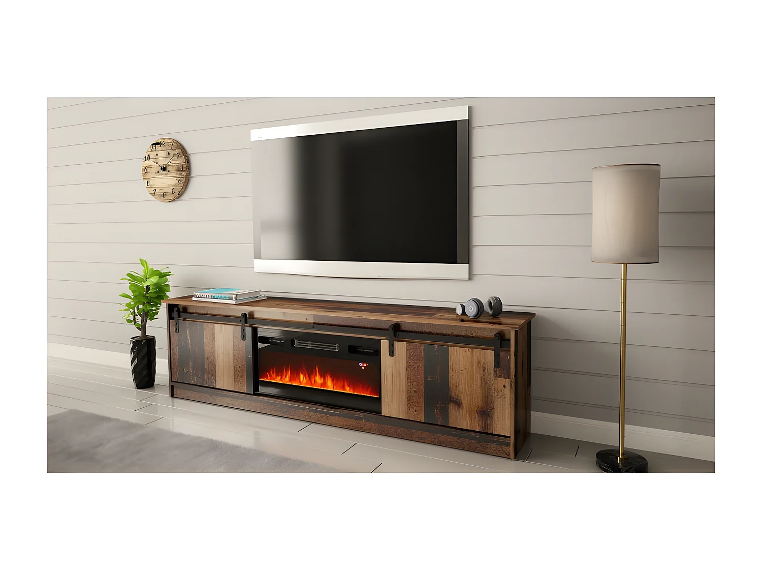 Meuble TV GRANIO avec cheminée style industriel vintage