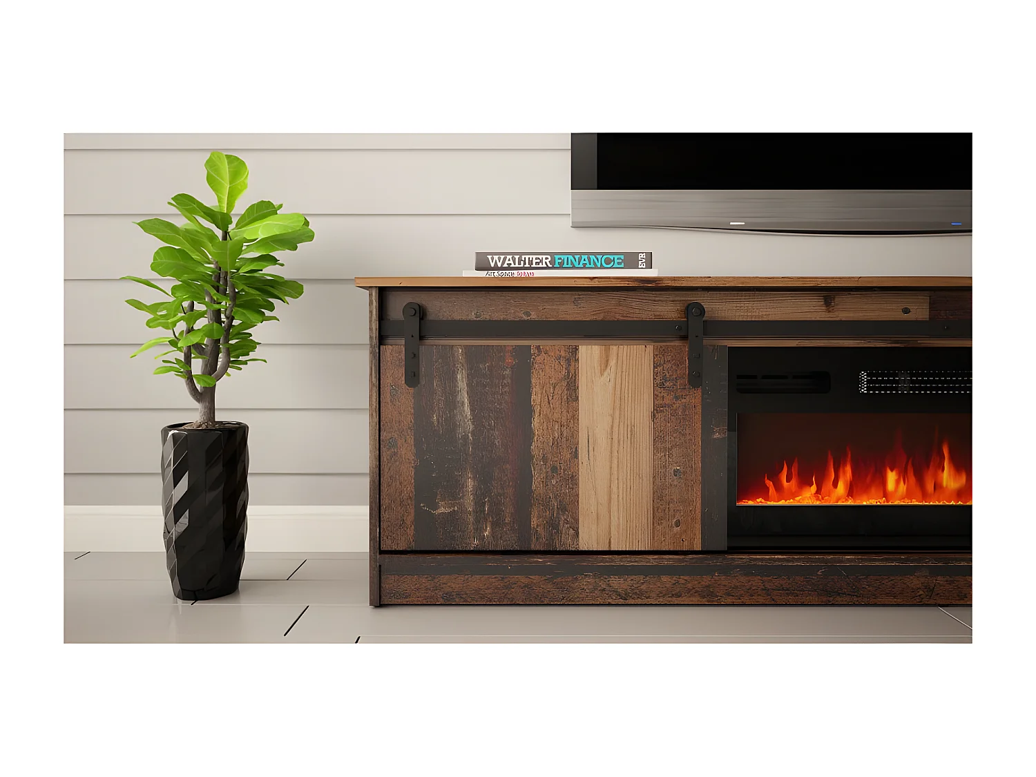 Meuble TV GRANIO avec cheminée style industriel vintage