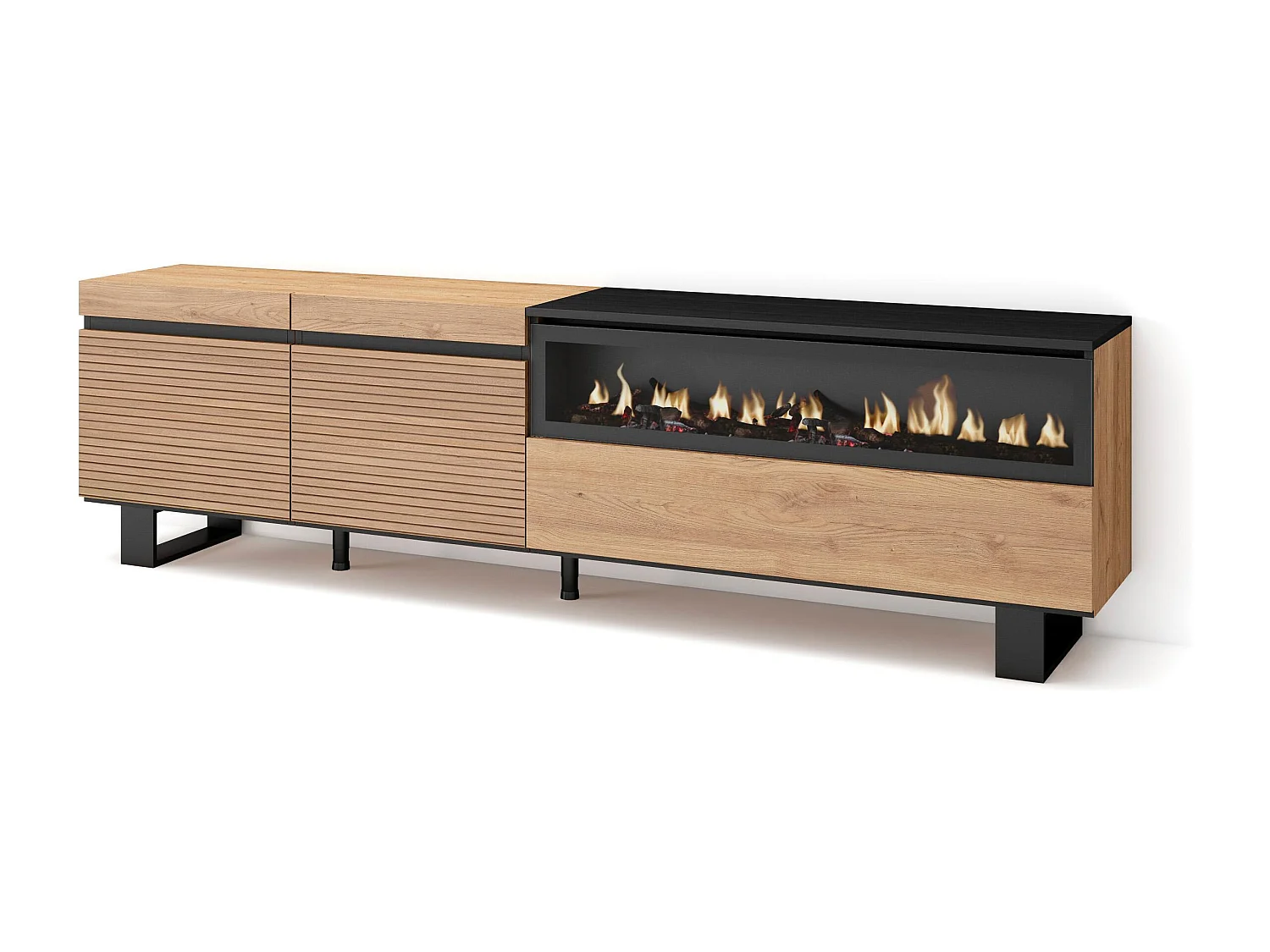 TV-Meubel, Lowboard, 200x57x35cm, Voor tv's tot 80", Elektrische haard, Industrieel design, Eiken