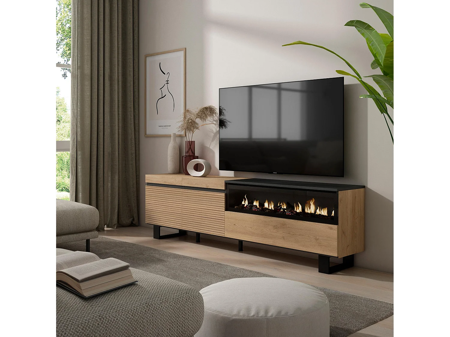 TV-Meubel, Lowboard, 200x57x35cm, Voor tv's tot 80", Elektrische haard, Industrieel design, Eiken