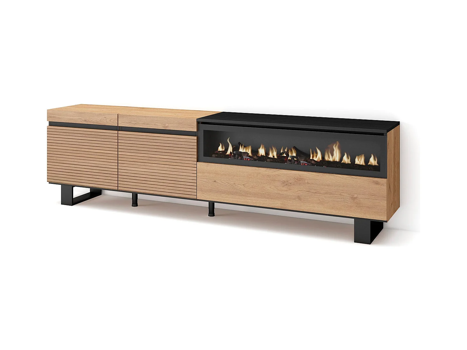 TV-Meubel, Lowboard, 200x57x35cm, Voor tv's tot 80", Elektrische haard, Industrieel design, Eiken