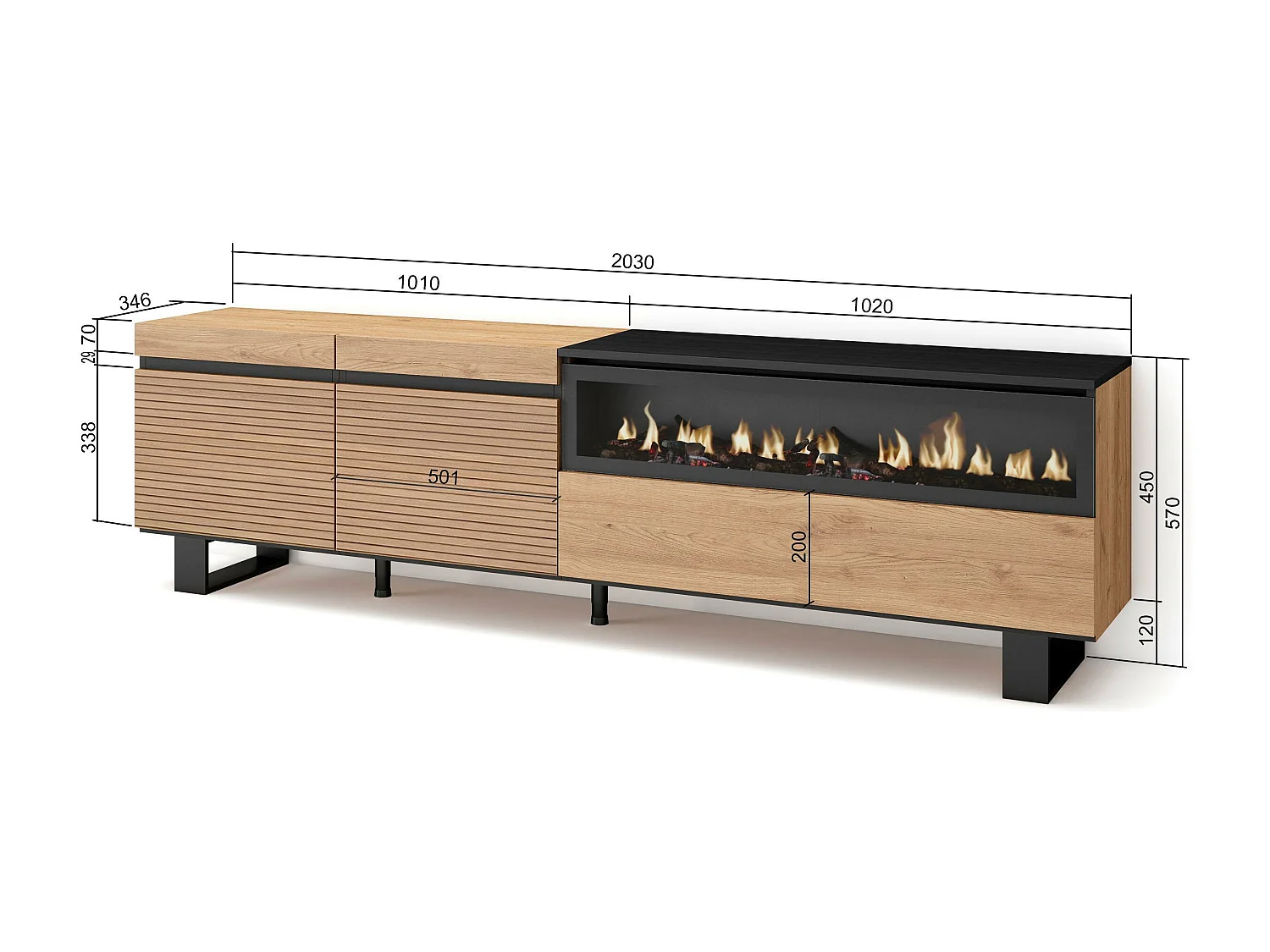 TV-Meubel, Lowboard, 200x57x35cm, Voor tv's tot 80", Elektrische haard, Industrieel design, Eiken