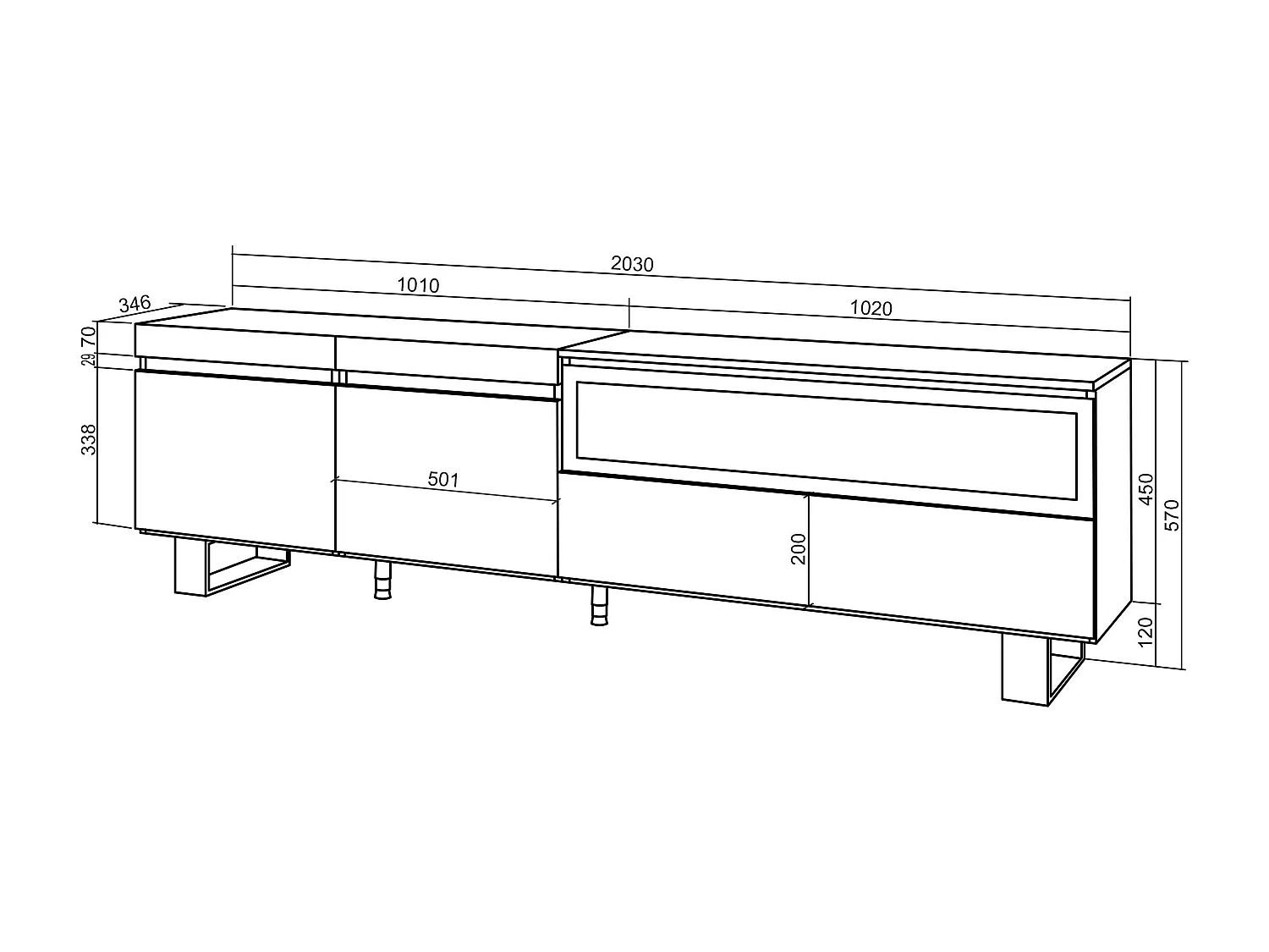 TV-Meubel, Lowboard, 200x57x35cm, Voor tv's tot 80", Elektrische haard, Industrieel design, Eiken