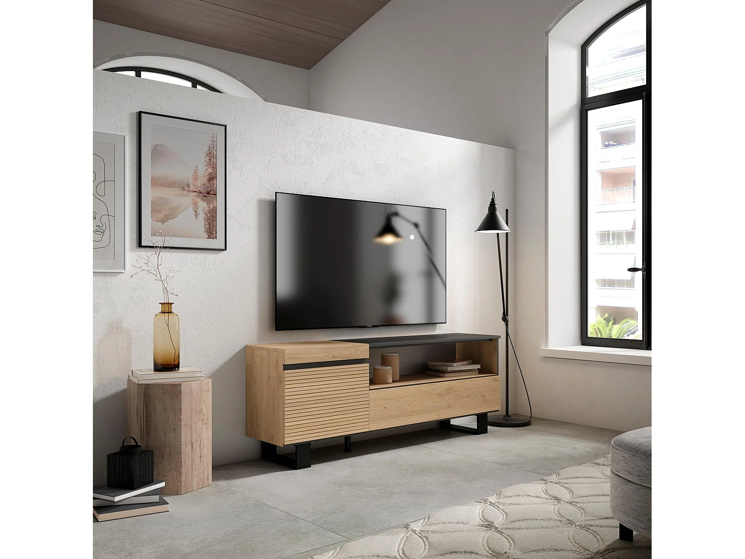 Mobile TV Soggiorno, 150x35x57cm, Per TV fino a 65", Design industriale, Rovere