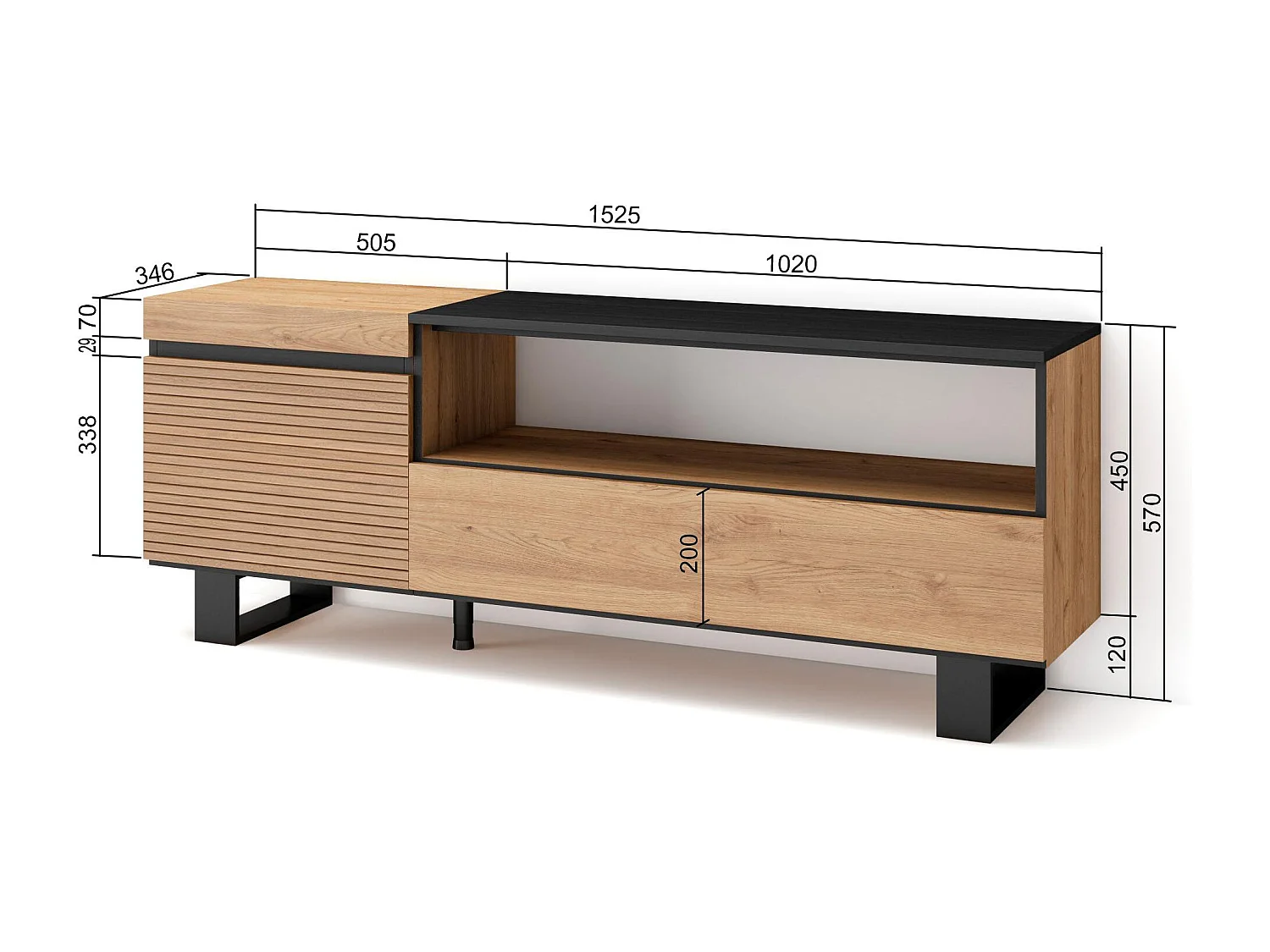 Mobile TV Soggiorno, 150x35x57cm, Per TV fino a 65", Design industriale, Rovere