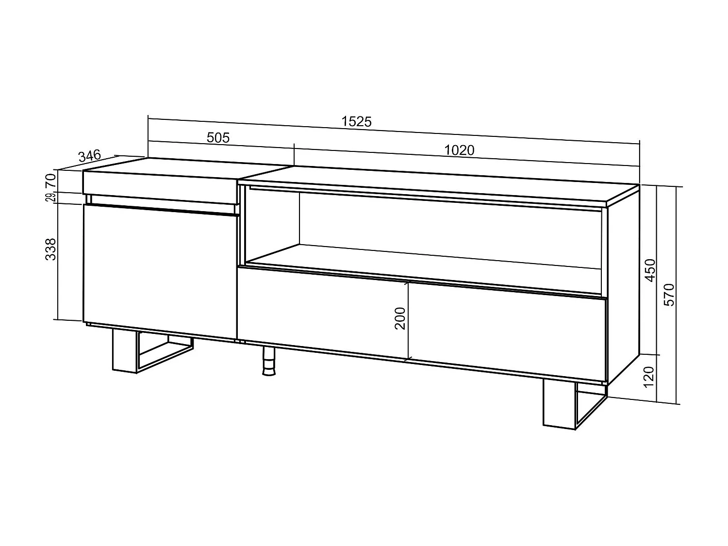 Mobile TV Soggiorno, 150x35x57cm, Per TV fino a 65", Design industriale, Rovere