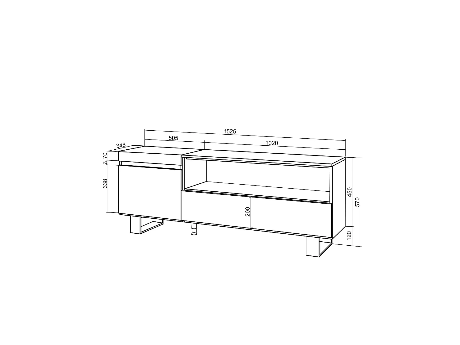 TV-Meubel, Lowboard, 150x35x57cm, Voor tv's tot 65", Industrieel design, Eiken
