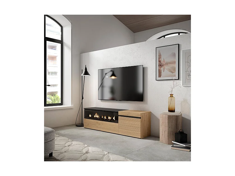 Mueble TV | Televisión, 150x35x45cm, Para TV hasta 65", Chimenea eléctrica, Roble